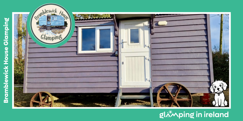 Image of a purple shepherd’s hut with steps up to the entrance at Bramblewick House Glamping in County Longford
