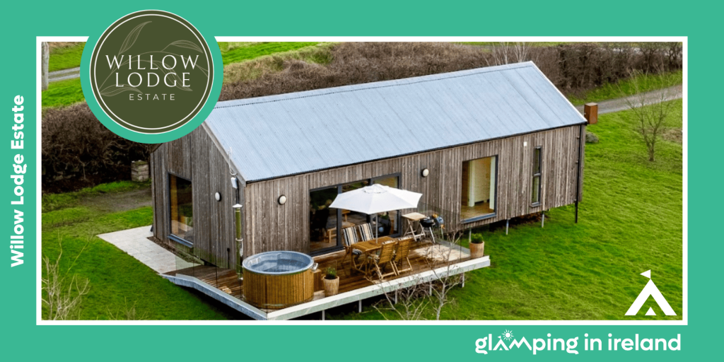 Luxury wooden lodge with a hot tub and patio furniture, with countryside views in County Down