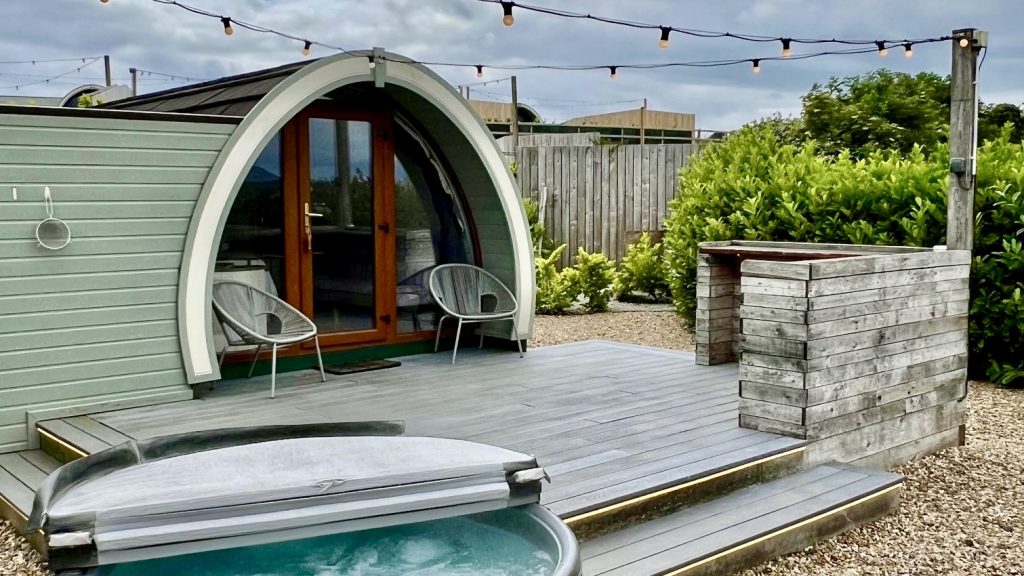Luxury accessible glamping pod with ramp and hot tub at The Pods at Streamvale.